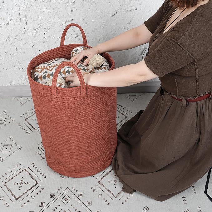 XUANGUO Cotton Rope Laundry Basket Hamper for Clothes Woven Storage Basket for Living Room Bedroom Boho Tall Rope Baskets for Blanket Toys Pillow Towels Baby Nursery Hamper Bin Large rustic