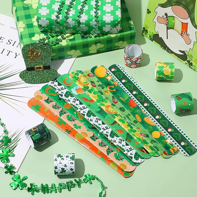 JUNEBRUSHS St. Patrick's Day Slap Bracelets, 56 Pack Saint Patricks Party Favors for Kids Shamrock Slap Bands Irish Clover Wristbands Snap Bracelets Bulk for Boys Girls Birthday Gifts Party Supplies