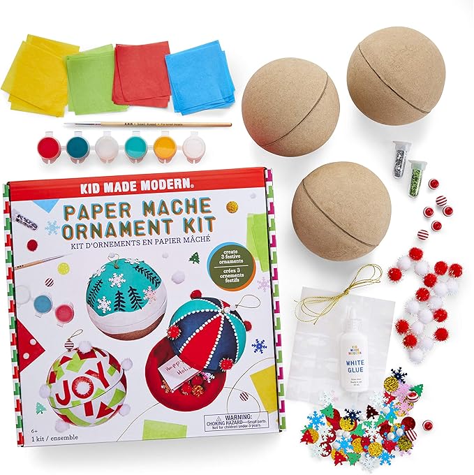Kid Made Modern Handmade Ornament Paper Mache Kit for Holiday Crafts, Create Custom Christmas Tree Decorations with Paint, Glitter, Glue, and More, Ideal for Kids Ages 6+ and Adults
