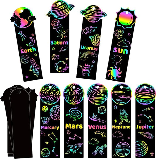 CY2SIDE 72PCS Solar System 9 Planets Scratch Bookmarks for Kids, Outer Space Theme Scratch Card Craft Kits, Galaxy Star Magic Art Rainbow Color Craft Kit for School Party Favors