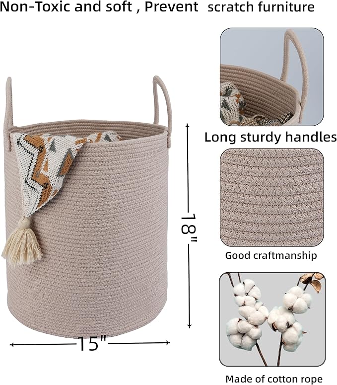 XUANGUO Cotton Rope Laundry Basket Hamper for Clothes Woven Storage Basket for Living Room Bedroom Boho Tall Rope Baskets for Blanket Toys Pillow Towels Baby Nursery Hamper Bin Konjac