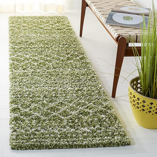 SAFAVIEH Arizona Shag Collection Runner Rug - 2'3" x 8', Green & Ivory, Moroccan Design, Non-Shedding & Easy Care, 1.6-inch Thick Ideal for High Traffic Areas in Living Room, Bedroom (ASG741X)