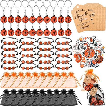 Basketball Party Favor Set Basketball Gift Bulk Charm Bracelets Keychains Sticker Organza Bags Thank You Tags for Basketball Team Party Supplies Boy Girl Classroom Reward Decoration Outdoor(130 Pcs)