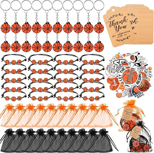 Basketball Party Favor Set Basketball Gift Bulk Charm Bracelets Keychains Sticker Organza Bags Thank You Tags for Basketball Team Party Supplies Boy Girl Classroom Reward Decoration Outdoor(130 Pcs)