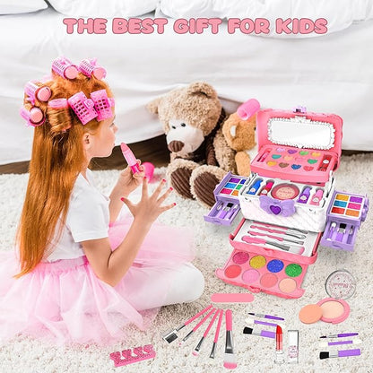 54 Pcs Kids Makeup Kit for Girls, Princess Real Washable Pretend Play Cosmetic Set Toys with Mirror, Non-Toxic & Safe, Birthday Gifts for 3 4 5 6 7 8 9 10+Years Old Girls Kids (Pink White)