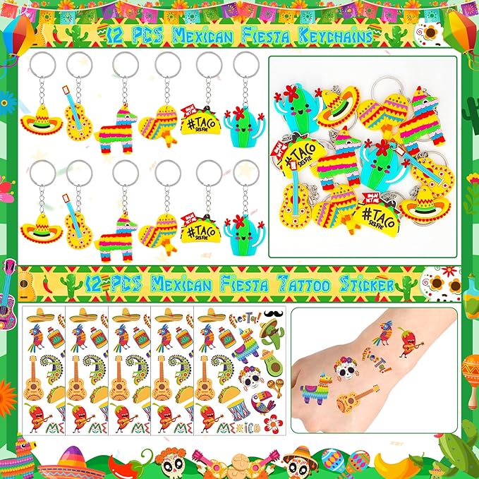 Erweicet Fiesta Party Favors 84 PCS Fiesta Mexican Theme Slap Bracelets DIY Stickers Tattoo Stickers Keychains Straws Gift Bags for Cinco De Mayo Theme Birthday Party Baby Shower