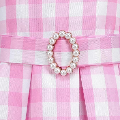 Girls Pink Costume Dress Movie Heroine Cosplay Outfit Gingham Dress for Kids Party Birthday Dress Up