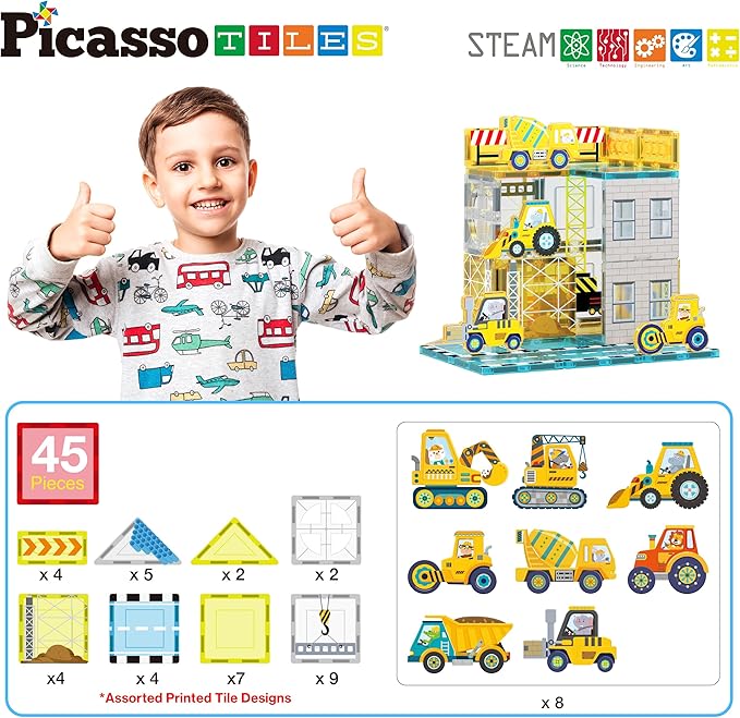 PicassoTiles Magnet Tiles Magnetic Building Blocks with 8 Construction Vehicles Crank Truck Excavator Bulldozer Road Roller Concrete Mixer Tractor Dump Truck Forklift Toys Learning Kids Ages 3+ PTQ11