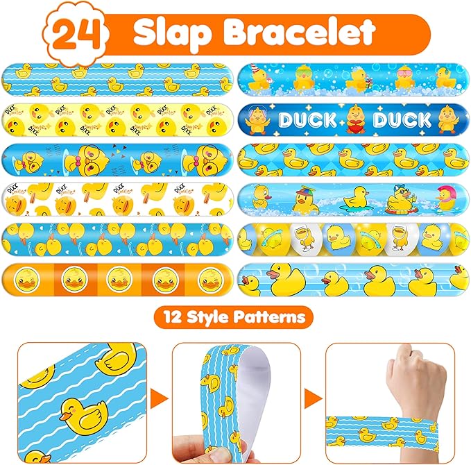 48PCS Duck Party Favors - 24PCS Temporary Tattoos & 24PCS Slap Bracelets - Cute Birthday Party Supplies, Decorations, Baby Shower Gifts, Classroom Prizes, and Rewards for Boys & Girls