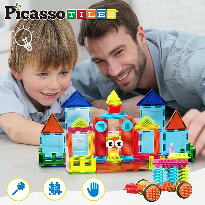 PicassoTiles Magnetic Tiles & Hedgehog 2-in1 Interlocking Brush Connector Magnet Building Blocks Construction Set Learning Playset STEM Toys Development Preschool Education Toy Toddler Age 3 Up PTE21