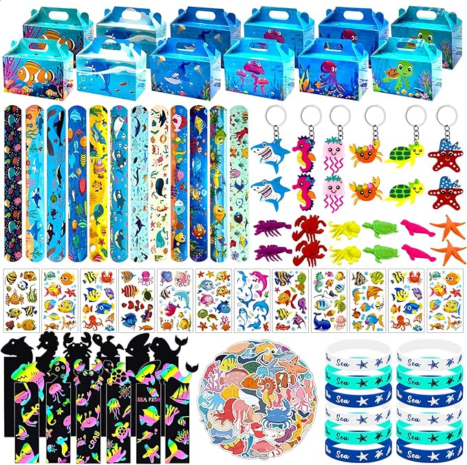 144 Pcs Under the Sea Party Favors Set with Keychains Slap Bracelet Scratch Art Tattoo Stickers Wristbands Treat Boxes Ocean Party Favors Under the Sea Party Decorations