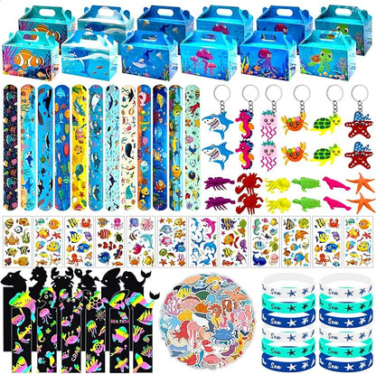 144 Pcs Under the Sea Party Favors Set with Keychains Slap Bracelet Scratch Art Tattoo Stickers Wristbands Treat Boxes Ocean Party Favors Under the Sea Party Decorations