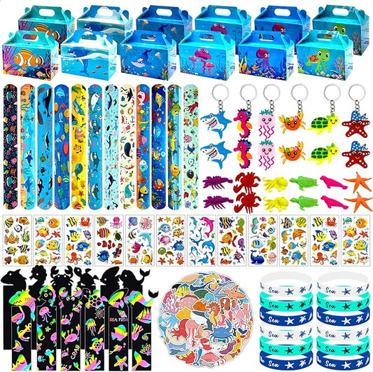 144 Pcs Under the Sea Party Favors Set with Keychains Slap Bracelet Scratch Art Tattoo Stickers Wristbands Treat Boxes Ocean Party Favors Under the Sea Party Decorations