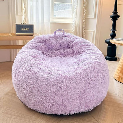 XeGe Faux Fur Comfy Bean Bag Cover for Living Room(No Filler), Fluffy Stuffed Animal Storage Bean Bag Chair Cover Light Purple, Furry Fuzzy Bean Bag Cover for Adults Kids Girls, Anti-Slip, Lavender