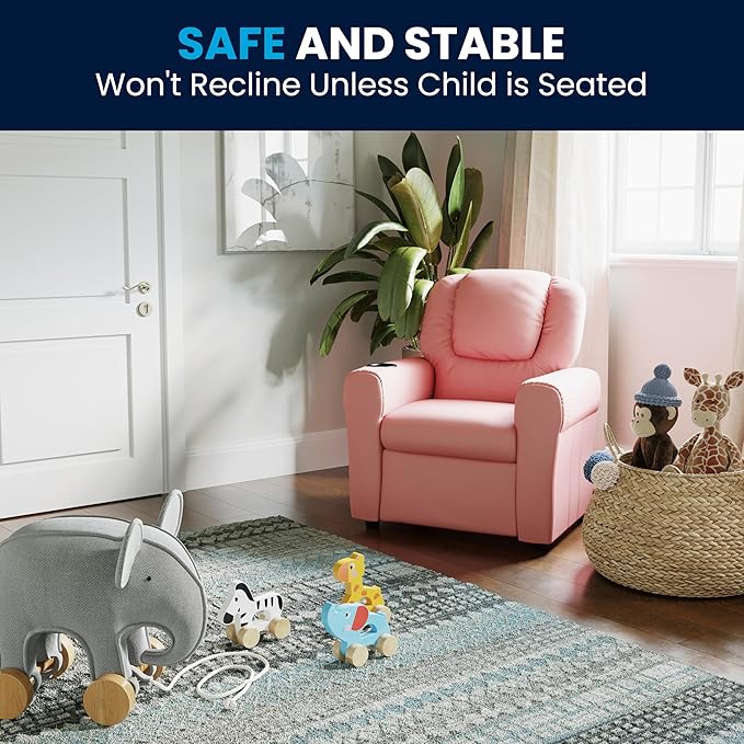 Flash Furniture Vana Vinyl Kids Recliner with Cup Holder, Headrest, and Safety Recline, Contemporary Reclining Chair for Kids, Supports up to 90 lbs., Pink