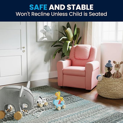 Flash Furniture Vana Vinyl Kids Recliner with Cup Holder, Headrest, and Safety Recline, Contemporary Reclining Chair for Kids, Supports up to 90 lbs., Pink