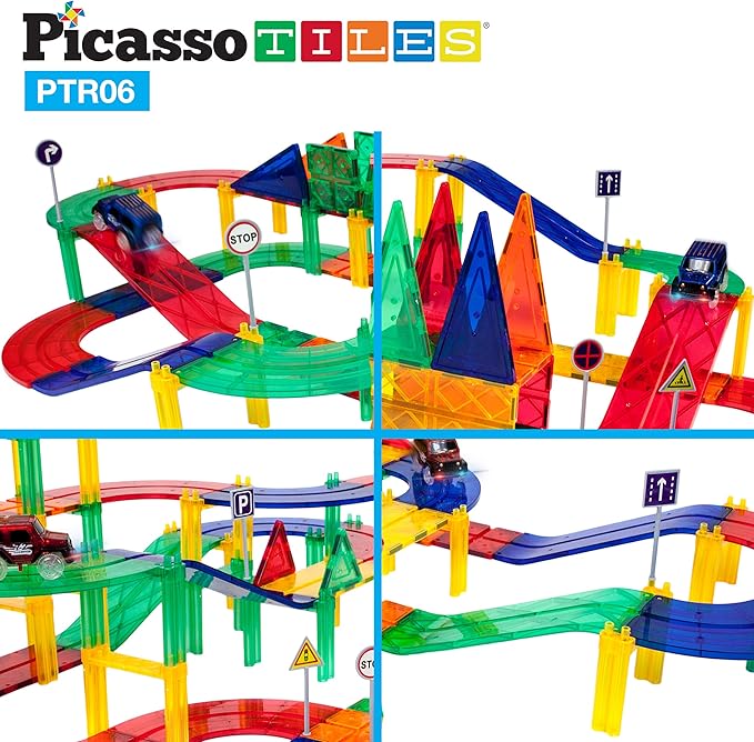 PicassoTiles 6 Piece Race Track Ramp Magnetic Building Block Set Magnet Tiles Construction Toy STEM Learning Kit Education Playset Playboard Pretend Play Stacking Blocks Child Brain Development PTR06