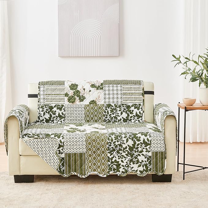 Great Bay Home Reversible Patchwork Loveseat Cover - Washable Slipcover Furniture Protector with Elastic Straps - Couch Cover for Dogs, Kids, and Pets - Box-Stitched Detail (Loveseat, Olive/Brown)