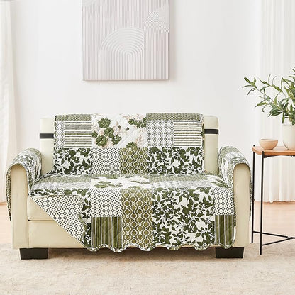 Great Bay Home Reversible Patchwork Loveseat Cover - Washable Slipcover Furniture Protector with Elastic Straps - Couch Cover for Dogs, Kids, and Pets - Box-Stitched Detail (Loveseat, Olive/Brown)