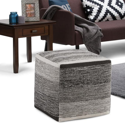 SIMPLIHOME Naya 16 Inch Boho Cube Pouf in Patterned Grey Melange Cotton, For the Living Room, Bedroom and Kids Room