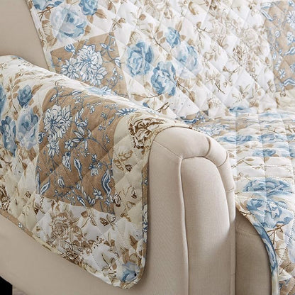 Great Bay Home Reversible Floral Patchwork Furniture Protector Scalloped Edge Stain Resistant Printed Furniture Protector Maribel Collection (Loveseat, Taupe/Blue)
