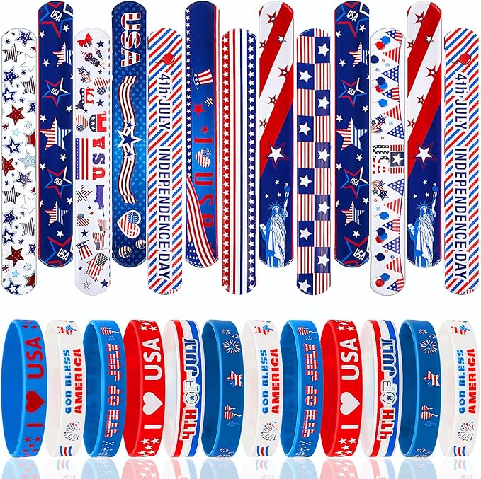 JUNEBRUSHS 4th of July Party Favors, 50 Pcs Patriotic Decorations Slap Bracelets Rubber Wristbands Assorted for Kids Gifts Silicone Bracelets Bulk Memorial Veterans Day Party Accessories