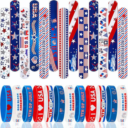 JUNEBRUSHS 4th of July Party Favors, 50 Pcs Patriotic Decorations Slap Bracelets Rubber Wristbands Assorted for Kids Gifts Silicone Bracelets Bulk Memorial Veterans Day Party Accessories