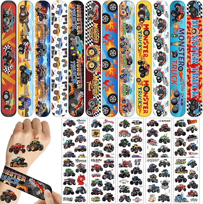 Monster Truck Party Favors 24 Pcs Monster Truck Slap Bracelets 80 Pcs Monster Truck Tattoos Monster Truck Birthdays Party Supplies Decorations Gifts for Kids Boys Classroom Rewards