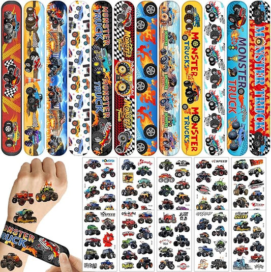 Monster Truck Party Favors 24 Pcs Monster Truck Slap Bracelets 80 Pcs Monster Truck Tattoos Monster Truck Birthdays Party Supplies Decorations Gifts for Kids Boys Classroom Rewards