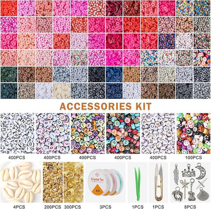 XSEINO 46000Pcs Clay Beads - 216Colors 10Boxes Clay Beads, 5 Styles Letter Beads,with Rich Making Accessories and 3 Rolls Crystal Cord,for Crafts