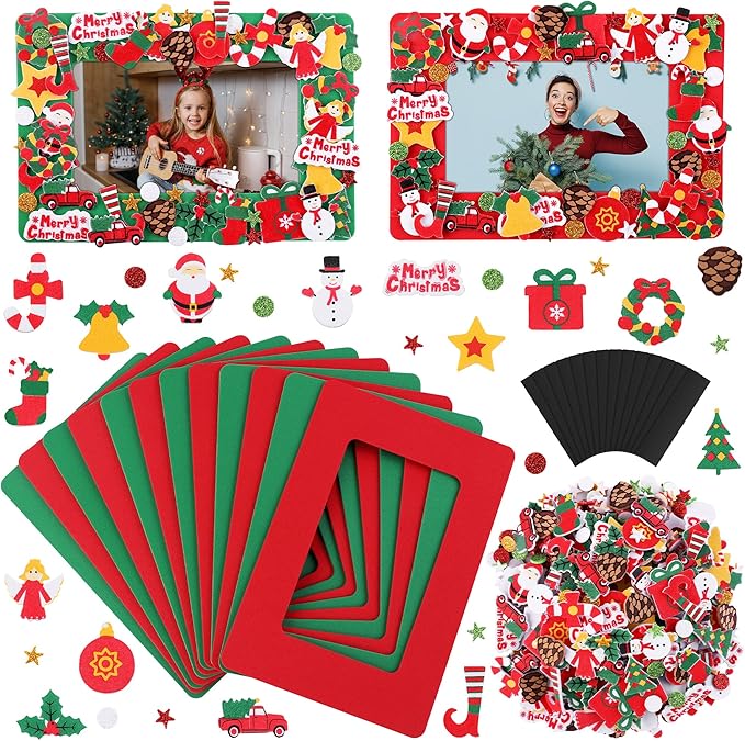 Fovths 436 Pieces Christmas Picture Frame Craft Kit for Kids Include Foam Photo Frames Christmas Foam Self Adhesive Stickers Magnet Art DIY Christmas Ornament for Xmas Party Favor, Home Decor