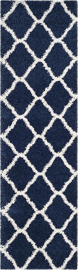SAFAVIEH Hudson Shag Collection Runner Rug - 2'3" x 8', Navy & Ivory, Moroccan Trellis Design, Non-Shedding & Easy Care, 2-inch Thick Ideal for High Traffic Areas in Living Room, Bedroom (SGH283C)