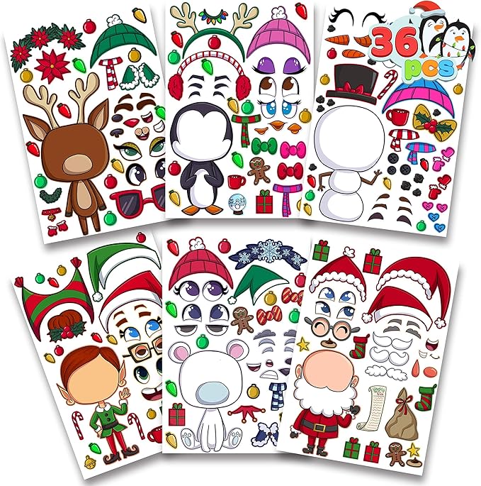 JOYIN 36 Pcs Christmas Make-a-face Sticker Sheets Make Your Own Xmas Characters Mix and Match Sticker with Full Body Design Reindeer, Snowman, Elf, for Kids Party Favor Art Craft Classroom Activities
