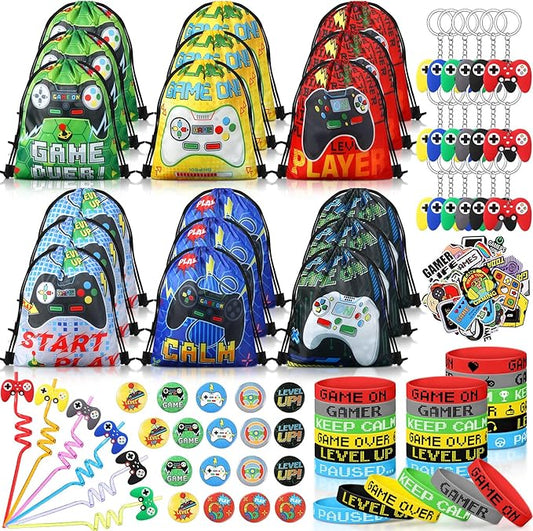 Sadnyy 140 Pcs Video Game Party Favors Birthday Party Decorations Supplies Drawstring Bags with Silicone Bracelets Keychains Straws Button Pins Stickers for Classroom Rewards Goodie Bags Stuffers