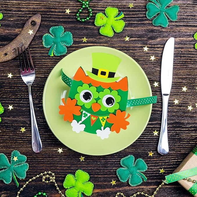 24 Sets St. Patrick's Day Decorations Owl Shamrock Ornaments DIY St. Pat's Craft Kits Assorted Owl Four-Leaf Clover Irish Lucky Shamrock Foam Stickers for Kids Classroom Home Activity Gift Art Project