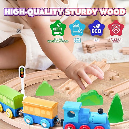 102Pcs Wooden Train Set for Toddlers, Wooden Train Track - Expandable and Changeable, Safe Educational Train Toys Gift for Boys & Girls Kids Ages 3-5 4-8, Compatible with All Major Brands