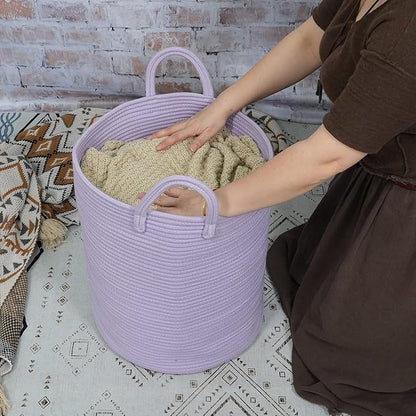 XUANGUO Rope Laundry Basket Hamper for Clothes Woven Storage Basket for Living Room Bedroom Boho Tall Rope Baskets for Blanket Toys Pillow Towels Baby Nursery Hamper Bin Large purple or lavender