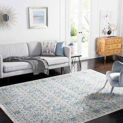SAFAVIEH Brentwood Collection Area Rug - 9' x 12', Ivory & Blue, Oriental Damask Trellis Design, Non-Shedding & Easy Care, Ideal for High Traffic Areas in Living Room, Bedroom (BNT870A)