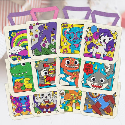 12 Pieces Kids Coloring Goodie Bags, Reusable Canvas Bag, Cute Art Party Favors, Color Your Own Bags for DIY Painting Birthday Carnival Celebration, Party Supplies Gift, Girls and Boys