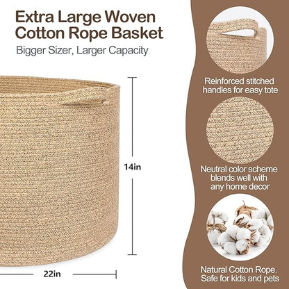 MEGASKET Large Wicker Storage Basket, 22” X 22” X 14” Woven Cotton Rope Basket, Kids Dog Toy Bin Organizer, Blanket Pillow Holder for Living Room, Brown Variegated Wicker Baskets for Organizing