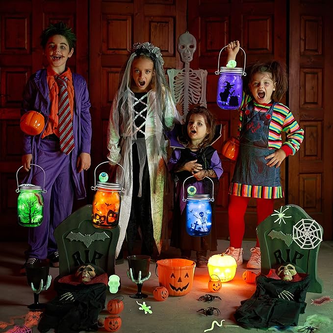 Shemira Halloween Craft Kit for Kids, 4 pcs Glass Mason Jar with Accessories for DIY Lantern Jar, Halloween Art & Craft Party Supplies, Halloween Art Activities,Halloween Craft and Art Party Supplies