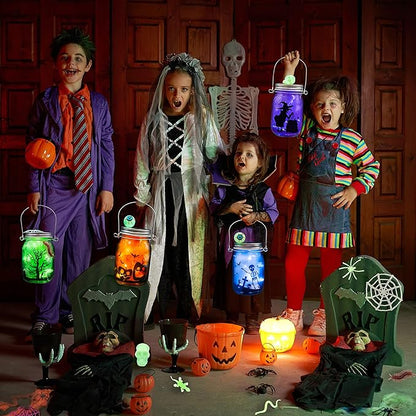 Shemira Halloween Craft Kit for Kids, 4 pcs Glass Mason Jar with Accessories for DIY Lantern Jar, Halloween Art & Craft Party Supplies, Halloween Art Activities,Halloween Craft and Art Party Supplies