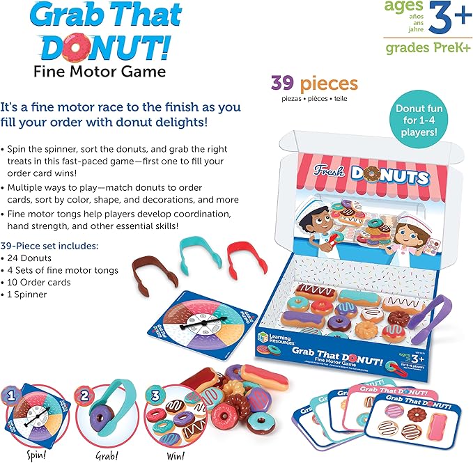 Learning Resources Grab That Donut!, 39 Pieces, Ages 3+,Fine Motor Game, Toddler Learning Toys,Toddler Toys, Educational Games for Kids, Preschool Games,Donut Toys