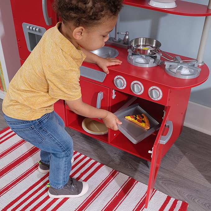 KidKraft Red Vintage Wooden Play Kitchen with Stainless Steel-Look Trim, Play Phone