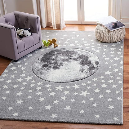 SAFAVIEH Carousel Kids Collection 8' Square Light Grey/White CRK135F Moon and Stars Non-Shedding Nursery Playroom Area Rug