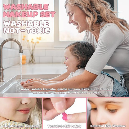 54 Pcs Kids Makeup Kit for Girls, Princess Real Washable Pretend Play Cosmetic Set Toys with Mirror, Non-Toxic & Safe, Birthday Gifts for 3 4 5 6 7 8 9 10+Years Old Girls Kids (Pink White)