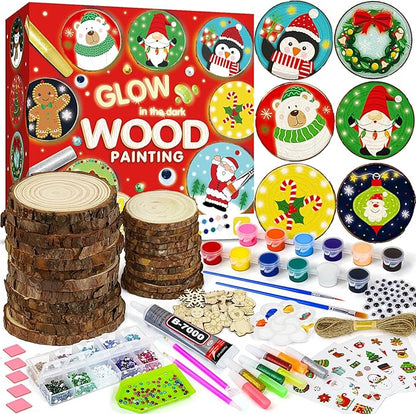 Bamamon Painting Crafts Kit for Kids, Glow in The Dark Arts & Crafts Set for Girls Boys Ages 4-12,Wood Slice Craft Creative Activities, Valentines Gifts Party Favors Toy for Kids (24Pcs)