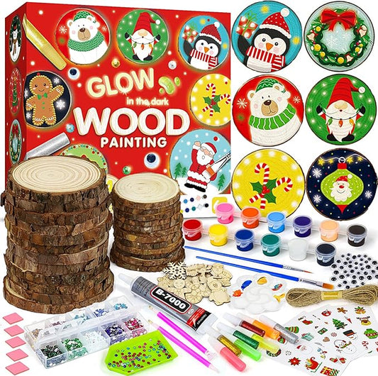Bamamon Painting Crafts Kit for Kids, Glow in The Dark Arts & Crafts Set for Girls Boys Ages 4-12,Wood Slice Craft Creative Activities, Valentines Gifts Party Favors Toy for Kids (24Pcs)