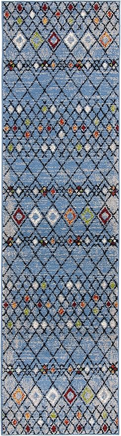 SAFAVIEH Amsterdam Collection Runner Rug - 2'3" x 8', Blue & Ivory, Moroccan Boho Design, Non-Shedding & Easy Care, Ideal for High Traffic Areas in Living Room, Bedroom (AMS115M)