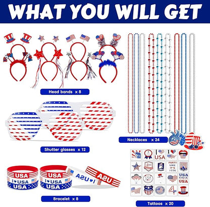 4th of July Patriotic Accessories for kids Including Glasses Necklaces Headbands Bracelets Tattoos for Fourth of July Party Decorations, Independence Day, Memorial Day
